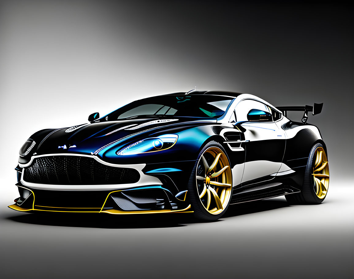 Black Sports Car with Gold and Teal Accents and Rear Spoiler