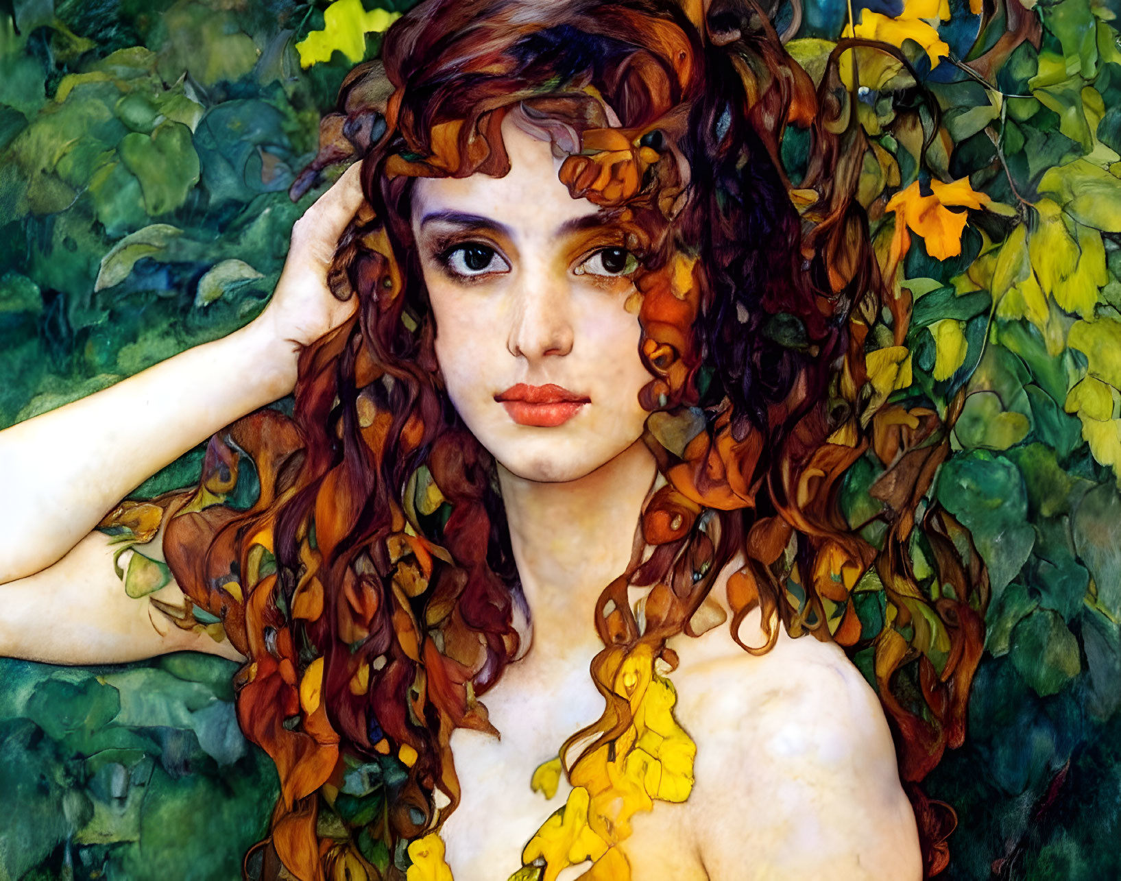 Portrait of Woman with Curly Red Hair, Leaves, and Flowers on Green Background