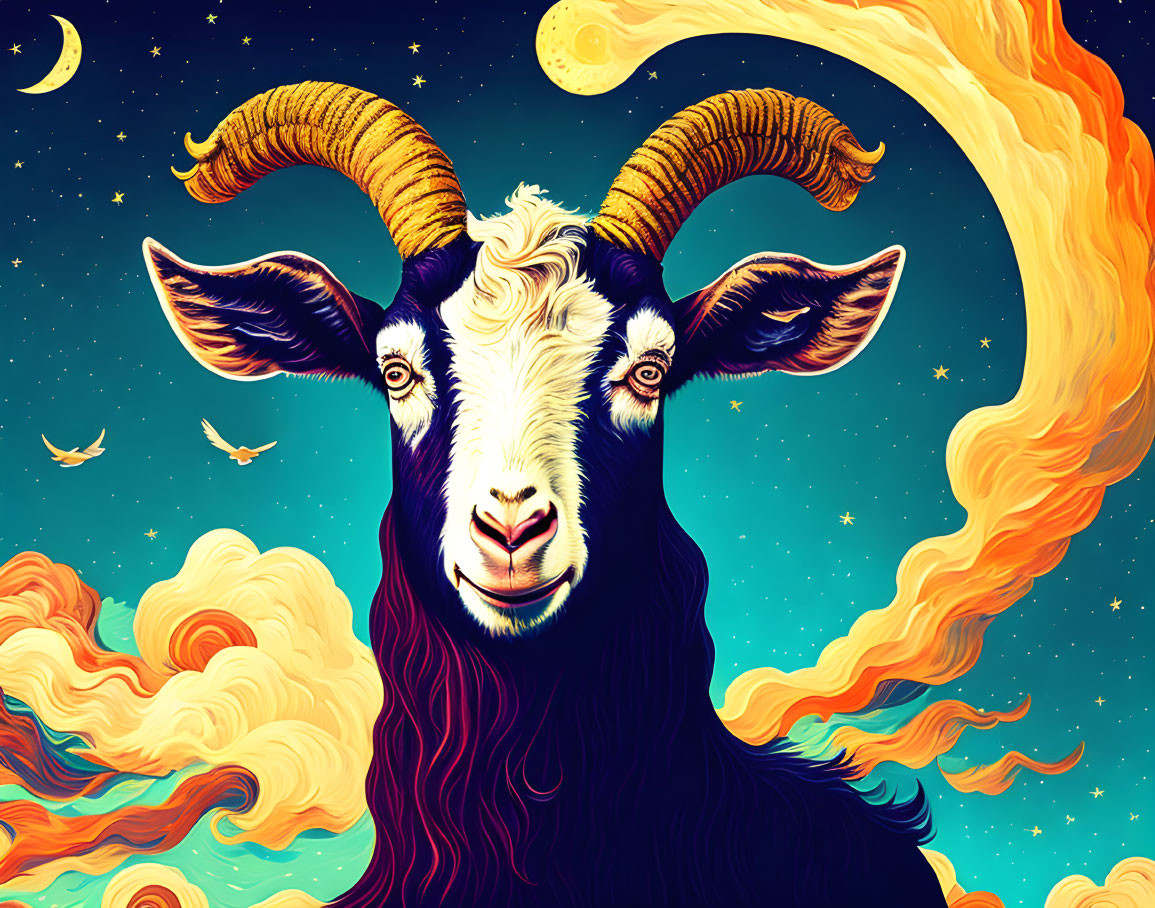 Vibrant goat illustration with horns on whimsical crescent moon background