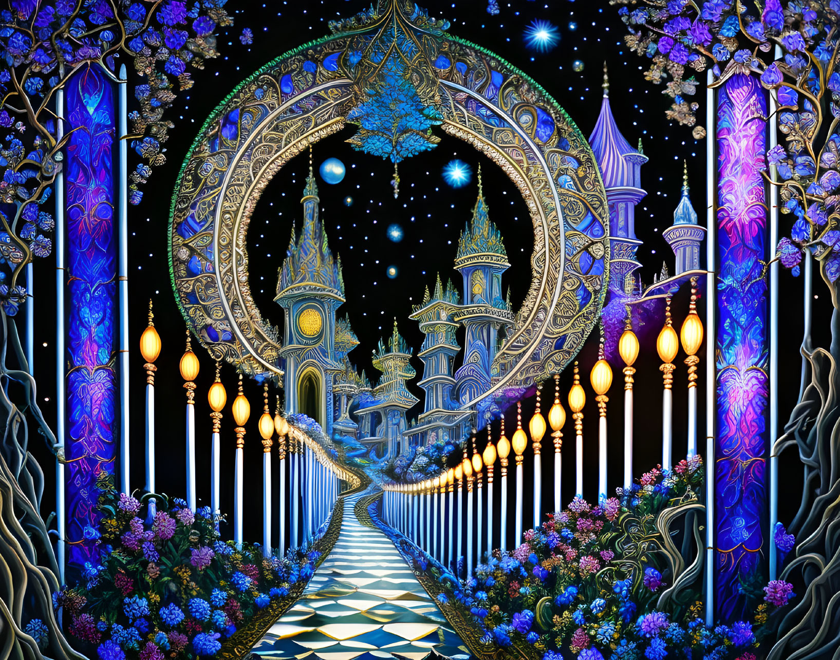 Colorful Fantasy Illustration: Magical Pathway, Ornate Gate, Mystical Castles