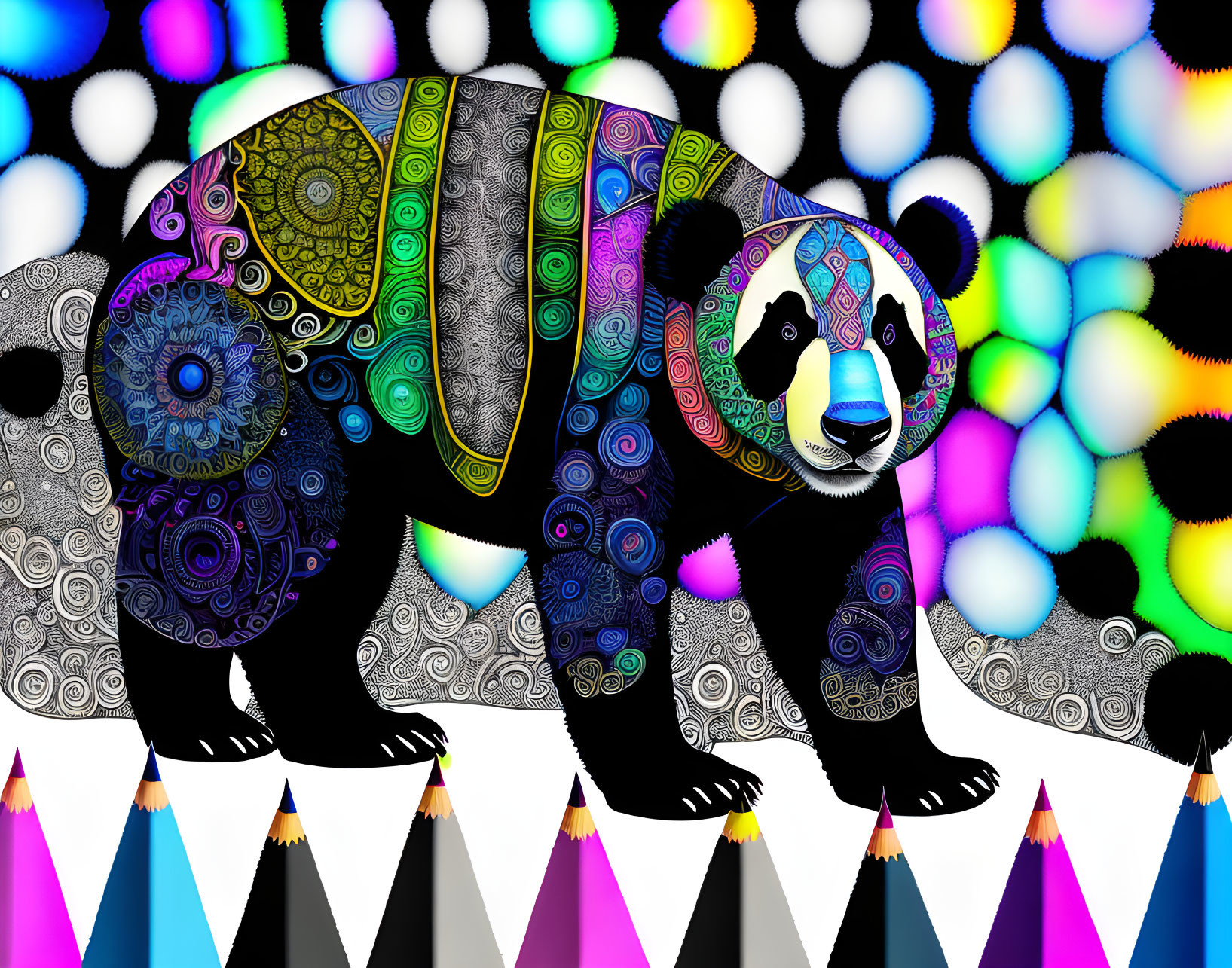 Vibrant bear illustration on psychedelic background with colored pencils