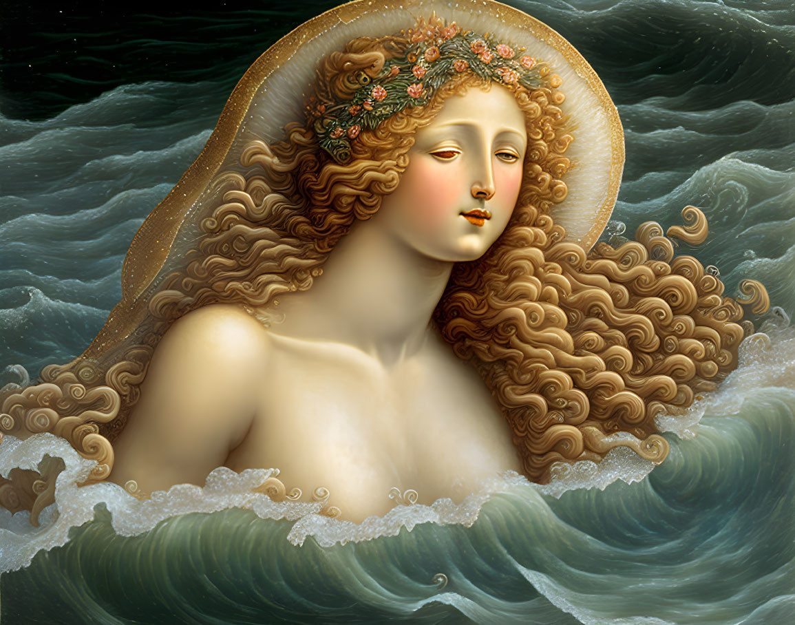 Sculpture of serene woman with curly hair in water with flowers