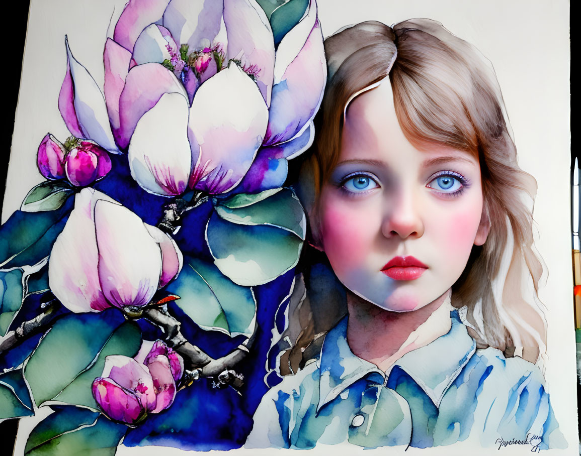 Girl with Blue Eyes and Rosy Cheeks Among Colorful Magnolia Flowers