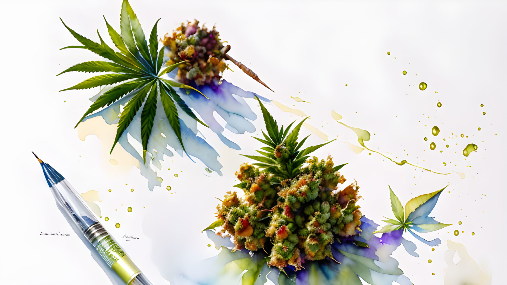 Vibrant watercolor cannabis leaves and buds with pen illustration