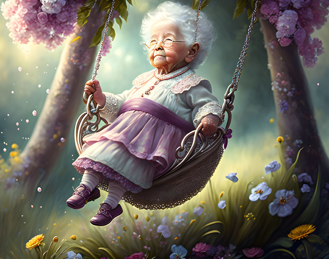 Elderly woman smiling on floral swing in blooming garden