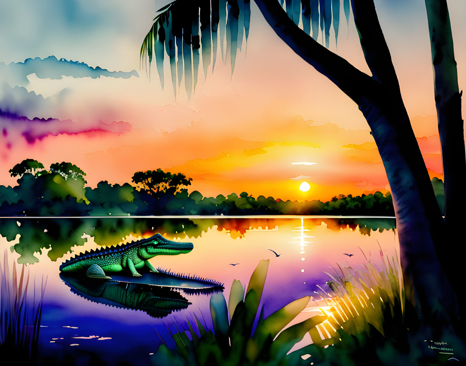 Colorful artwork: tranquil sunset, crocodile by water, lush vegetation, silhouetted trees