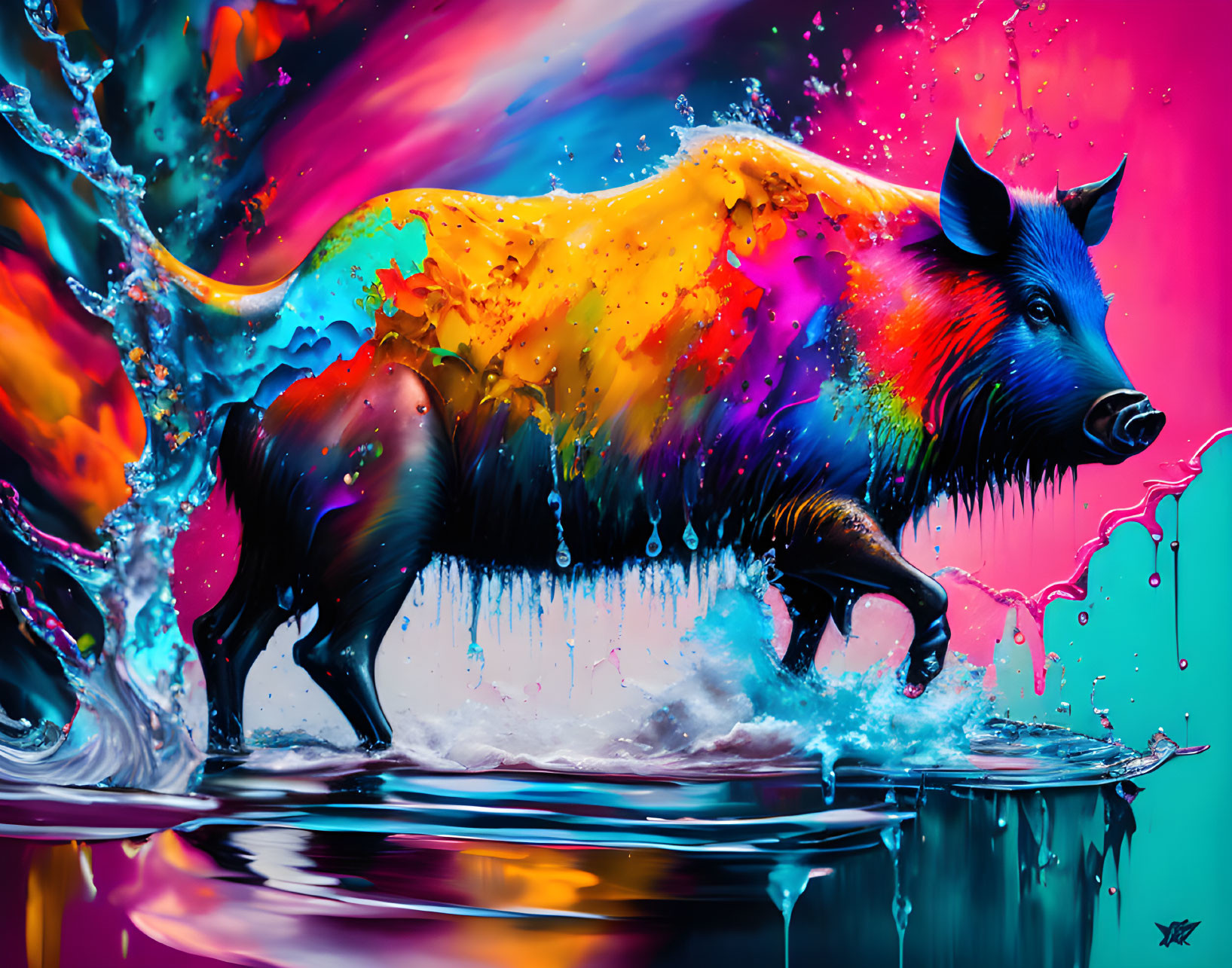 Colorful Wild Boar Artwork with Water Splash on Pink and Blue Background