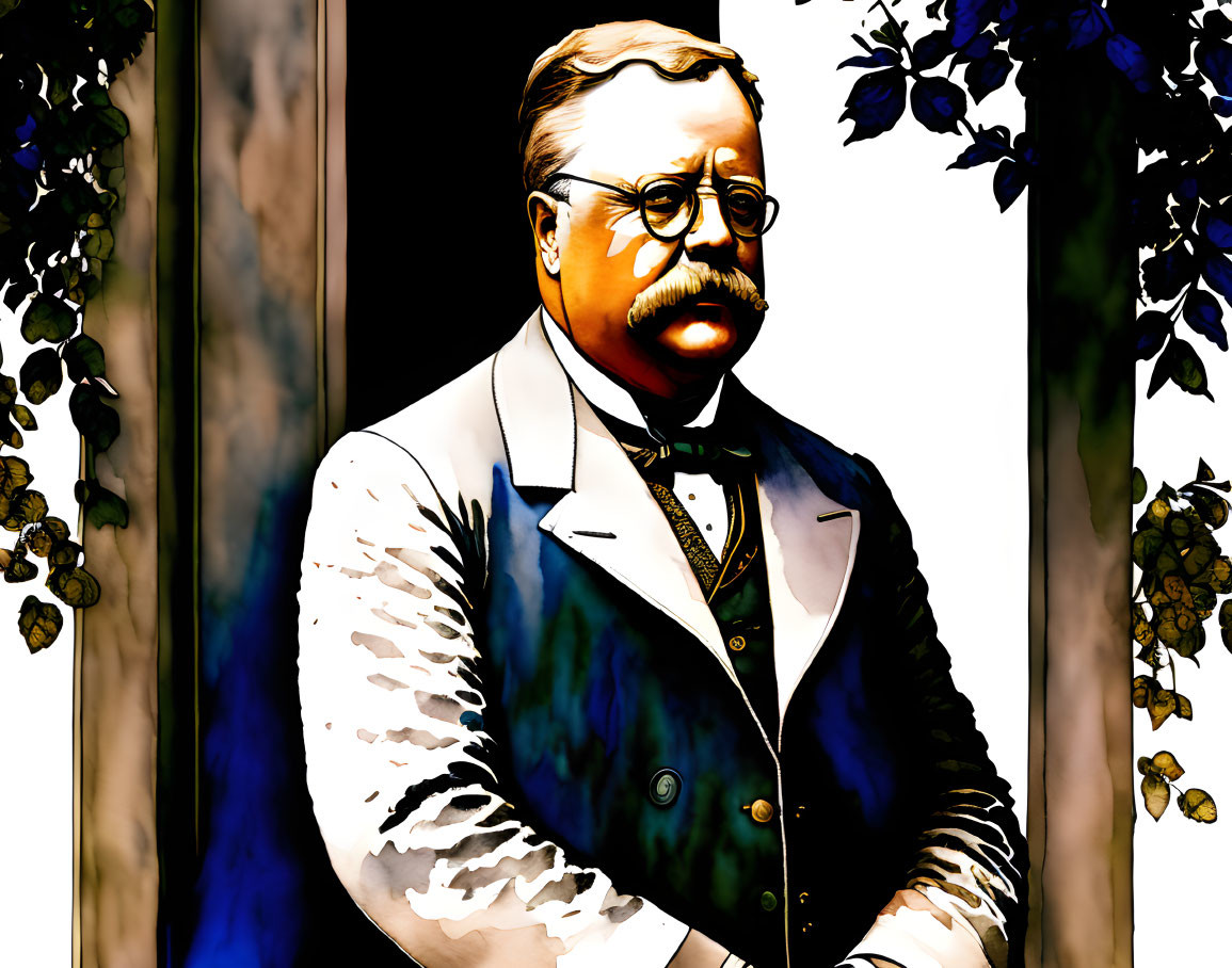 Mustached Man in White Suit and Glasses with Stern Expression in Dark Column and Foliage Frame