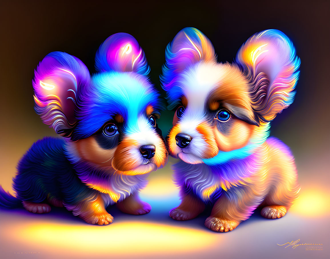 Colorful Stylized Cartoon Puppies with Neon-Like Fur