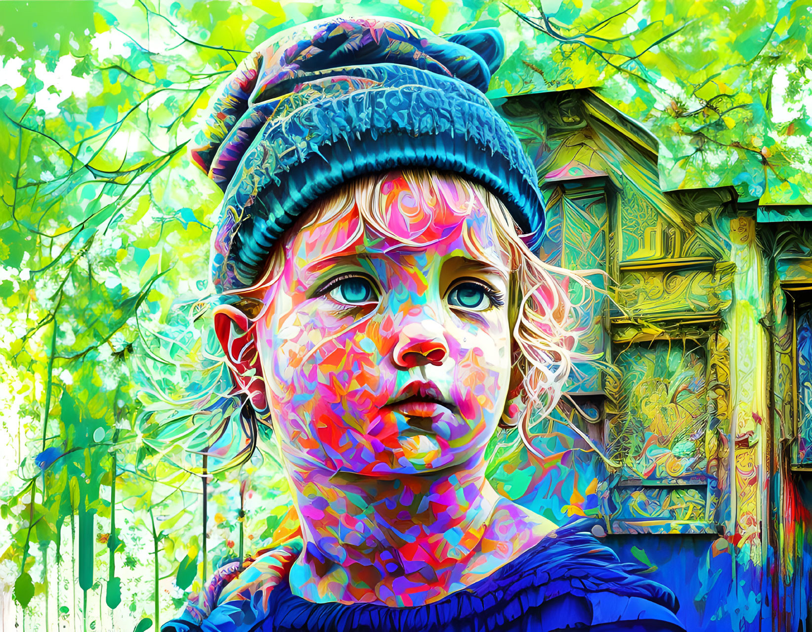 Colorful digital artwork: Child in blue hat with nature and architecture blend