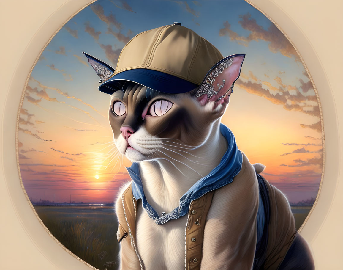 Illustration of cat with human-like eyes in cap, denim collar, sunset background.