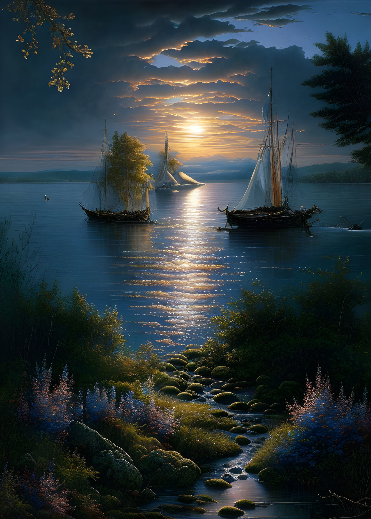 Sunset seascape with sailing ships and golden water path.