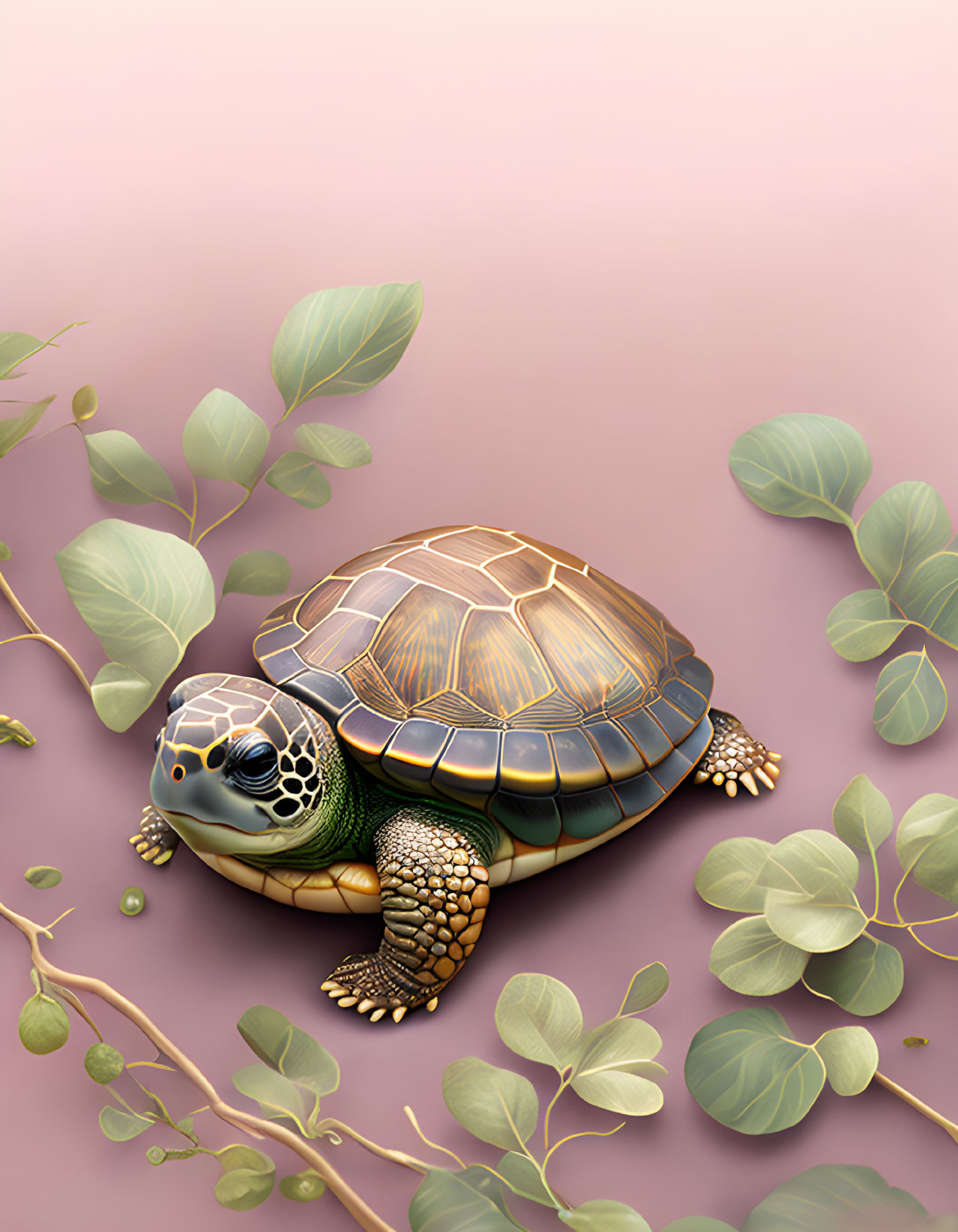 Realistic Turtle Illustration with Detailed Shell Patterns on Pink Background