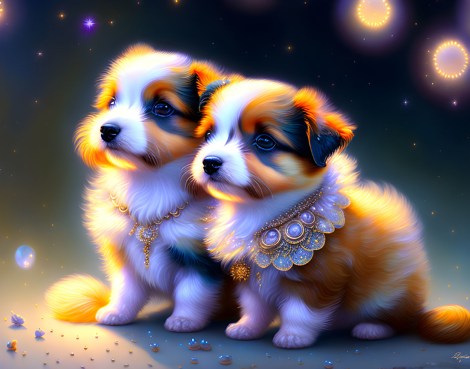 Illustrated puppies with sparkling collars on starry background