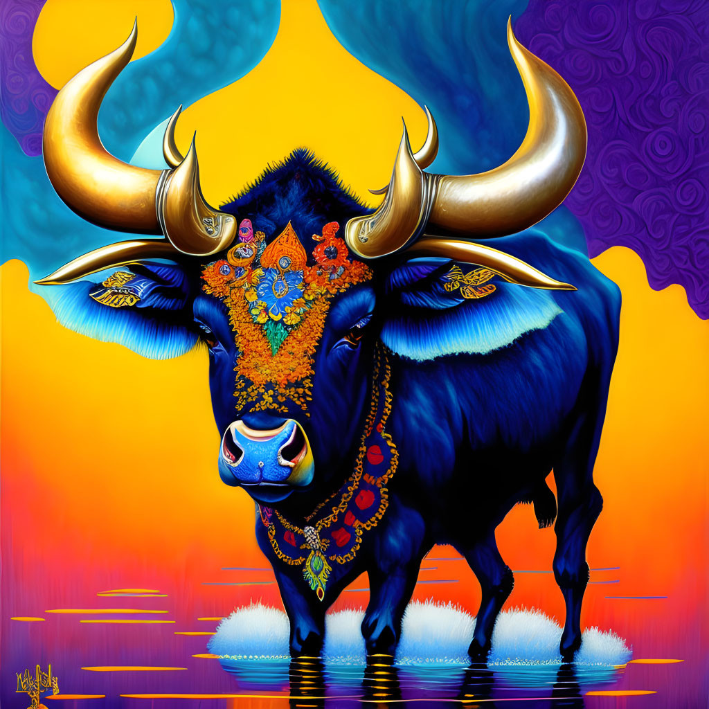 Colorful illustration of a blue bull with golden horns and floral decorations