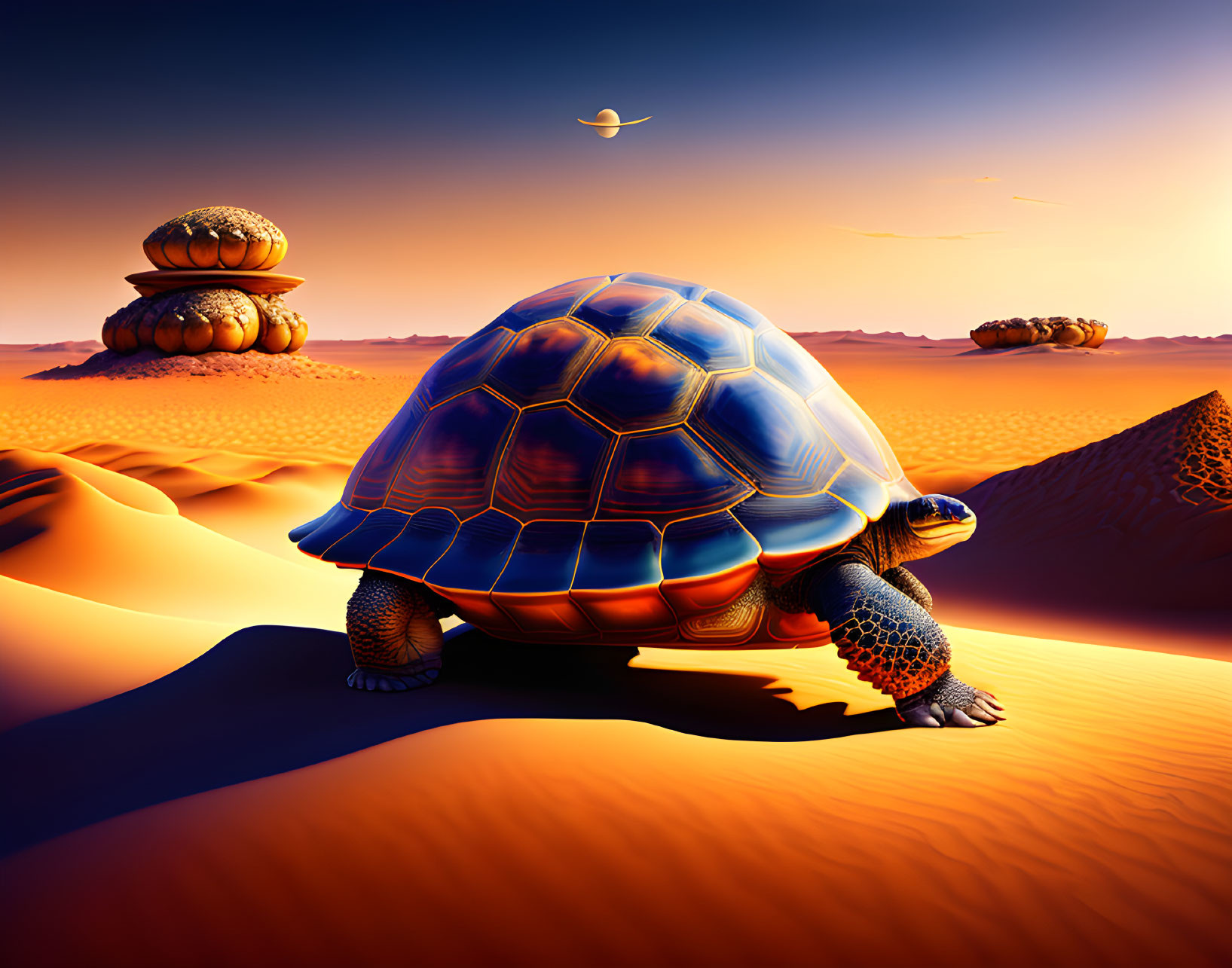 Vibrant digital art: Glowing tortoise in surreal desert landscape