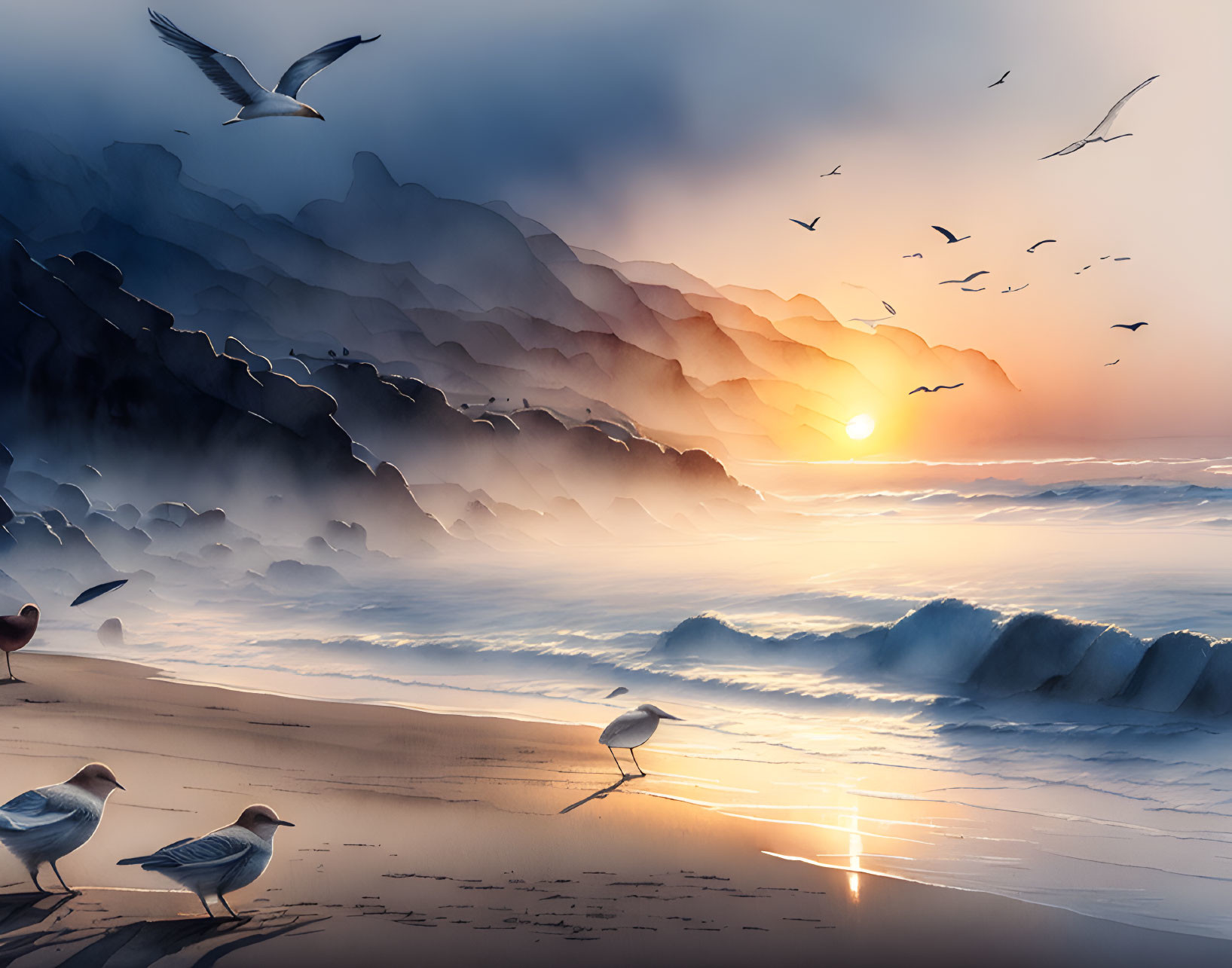 Seagulls on serene beach at sunset with rolling waves and hazy mountain backdrop.