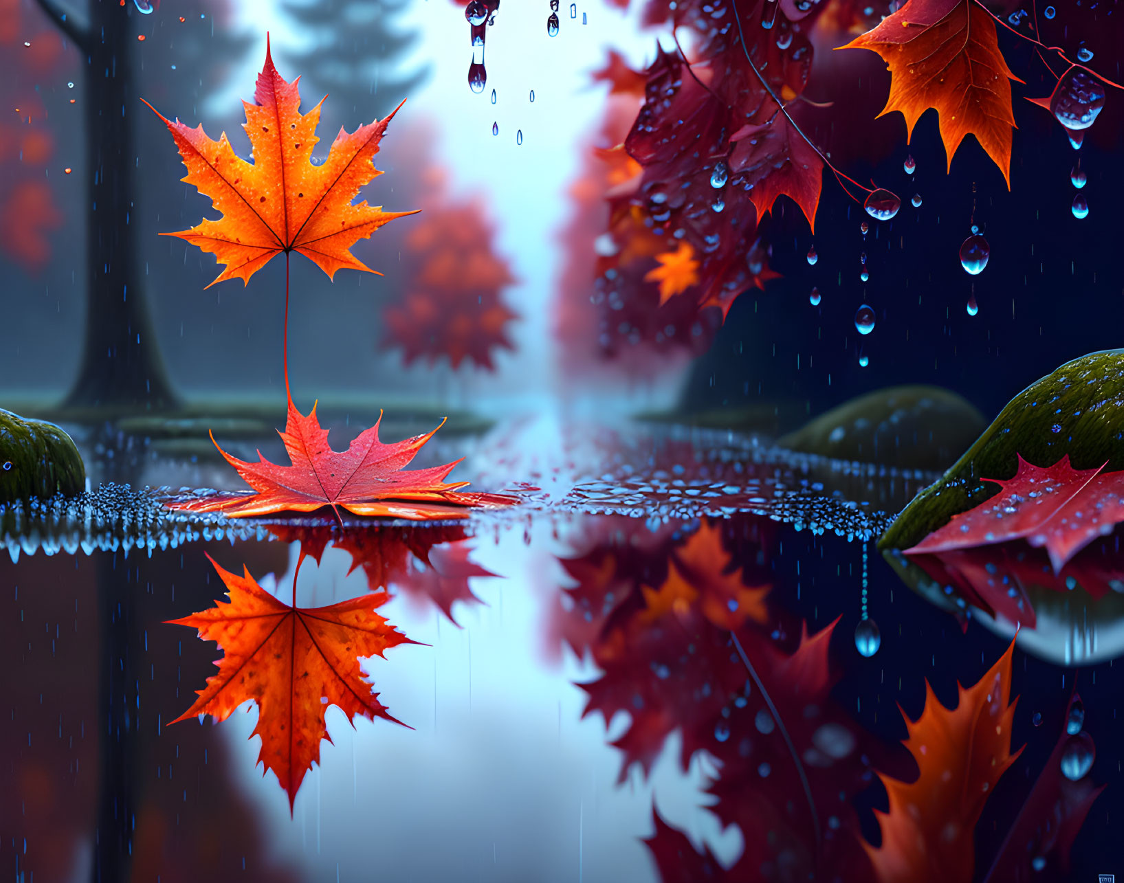 Autumnal scene: Red maple leaves with water droplets on reflective water.