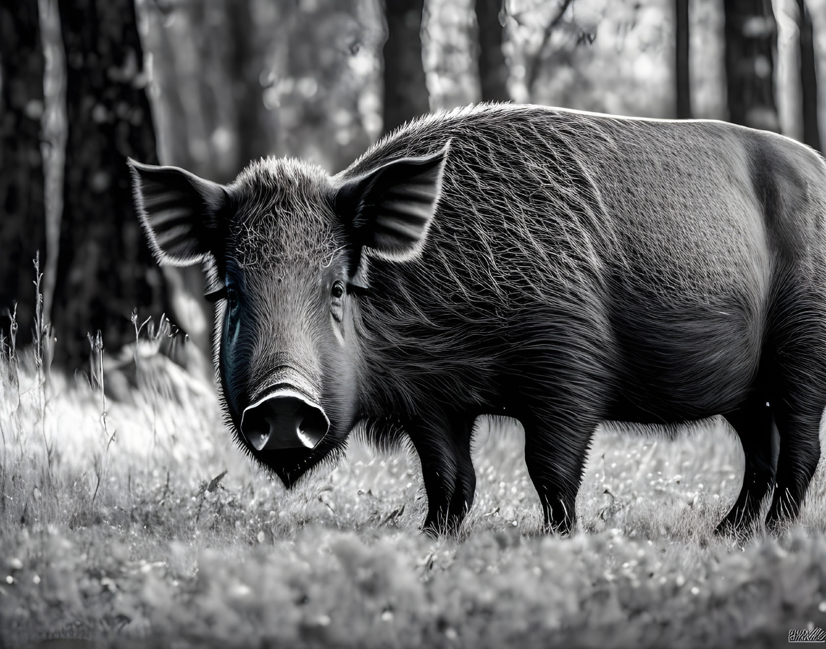 Wild boar with tusks in forest: Monochrome image showcasing coarse fur and sharp features