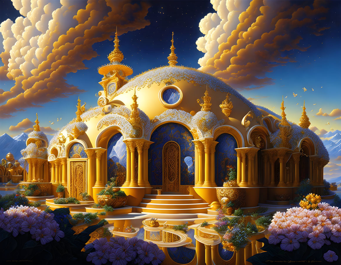 Golden fantasy palace with intricate designs in floral landscape at twilight