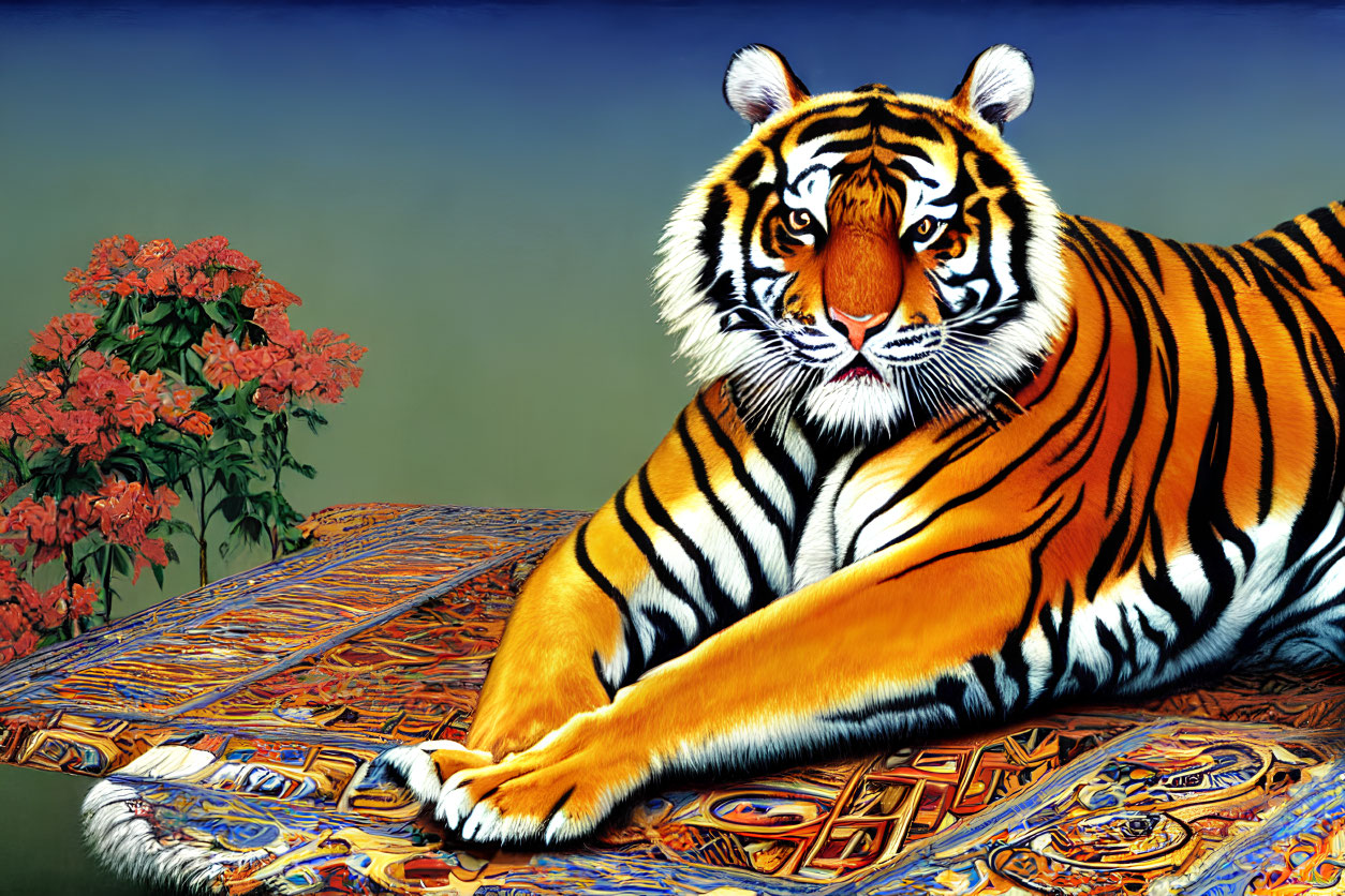 Detailed Tiger Illustration on Ornate Carpet with Red Flowers