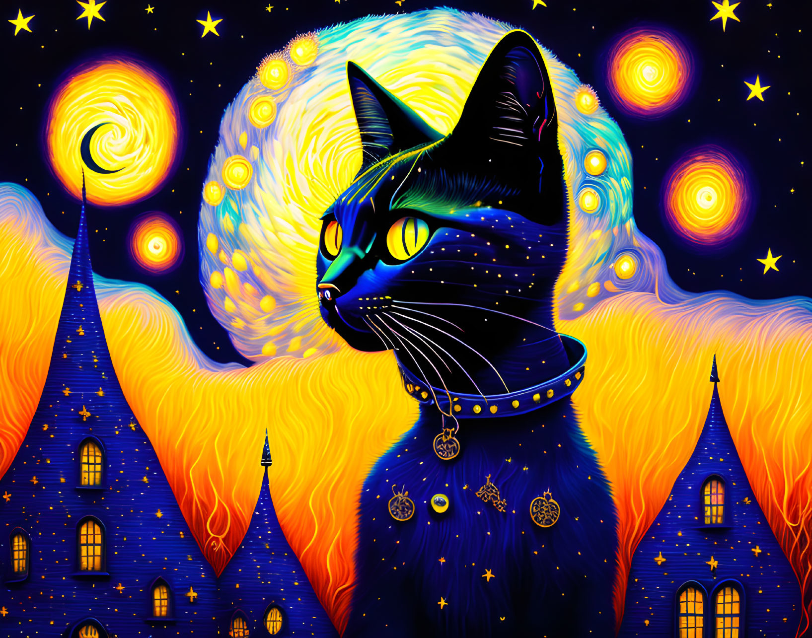 Illustration of black cat with cosmic patterns on starry background and whimsical buildings