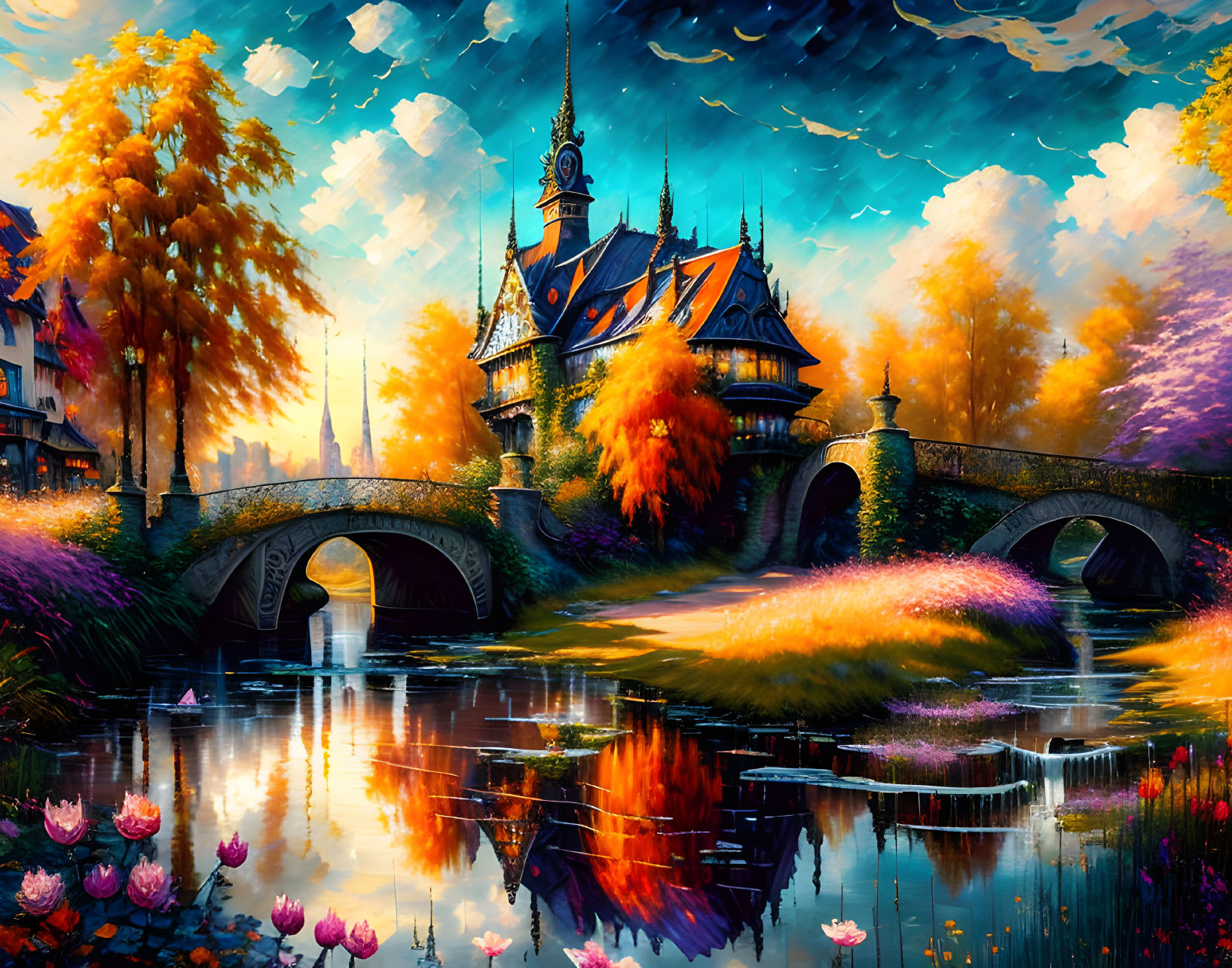 Fantasy artwork of ornate house near river bridge in autumn.