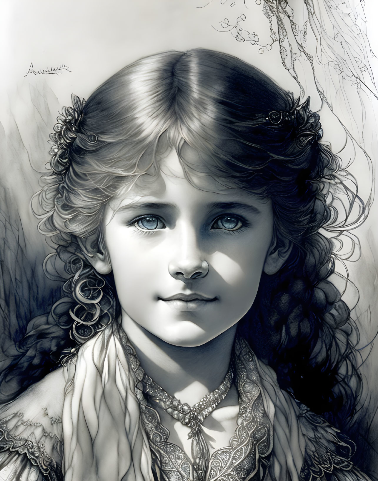 Detailed monochrome portrait of a young girl with intricate hair and captivating eyes.