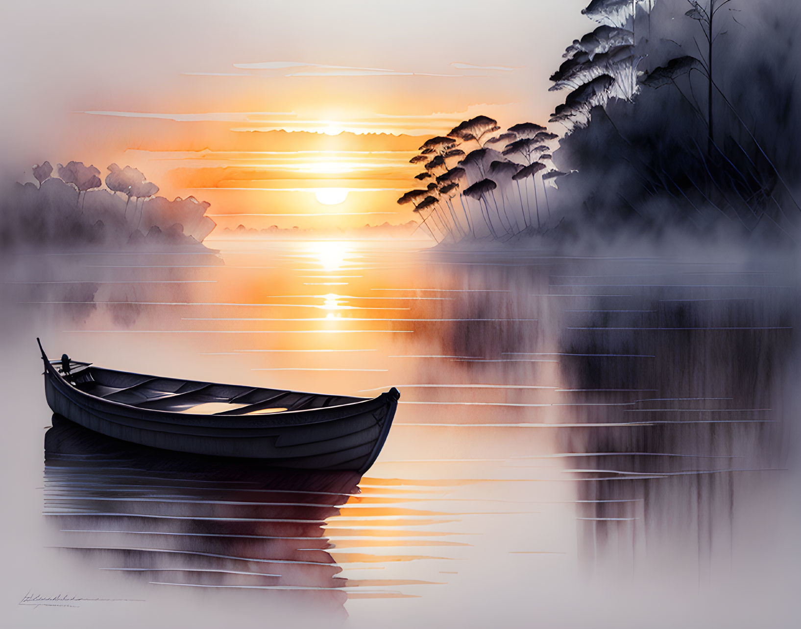 Tranquil digital illustration of boat on calm lake at sunset