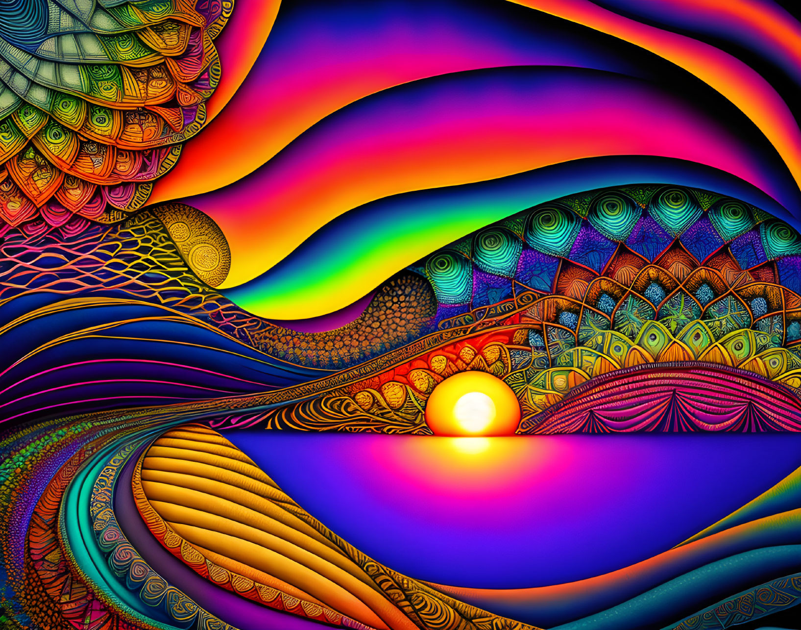 Colorful Psychedelic Digital Artwork: Rainbow Patterns & Sunset Landscape