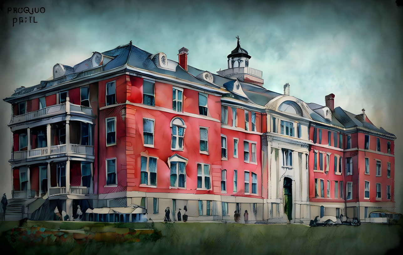 Stylized illustration of red historical building with balconies and cupola under cloudy sky