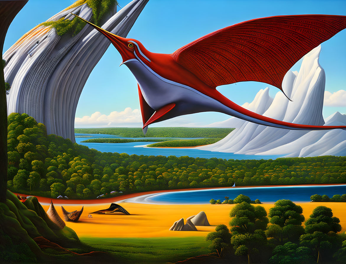 Colorful Artwork: Red Pterosaur Soaring Over Surreal Landscape