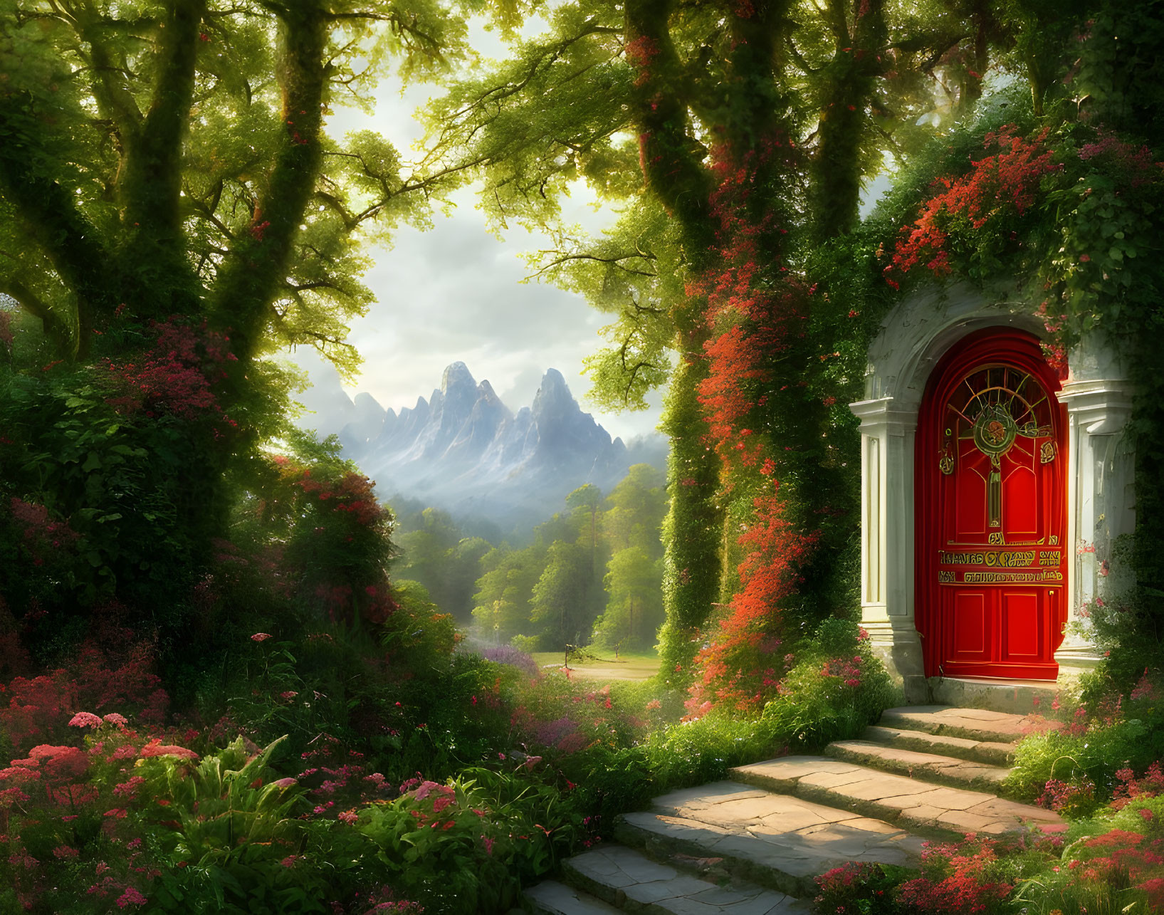 Enchanting garden with red door, ivy, blossoms, and misty mountains.