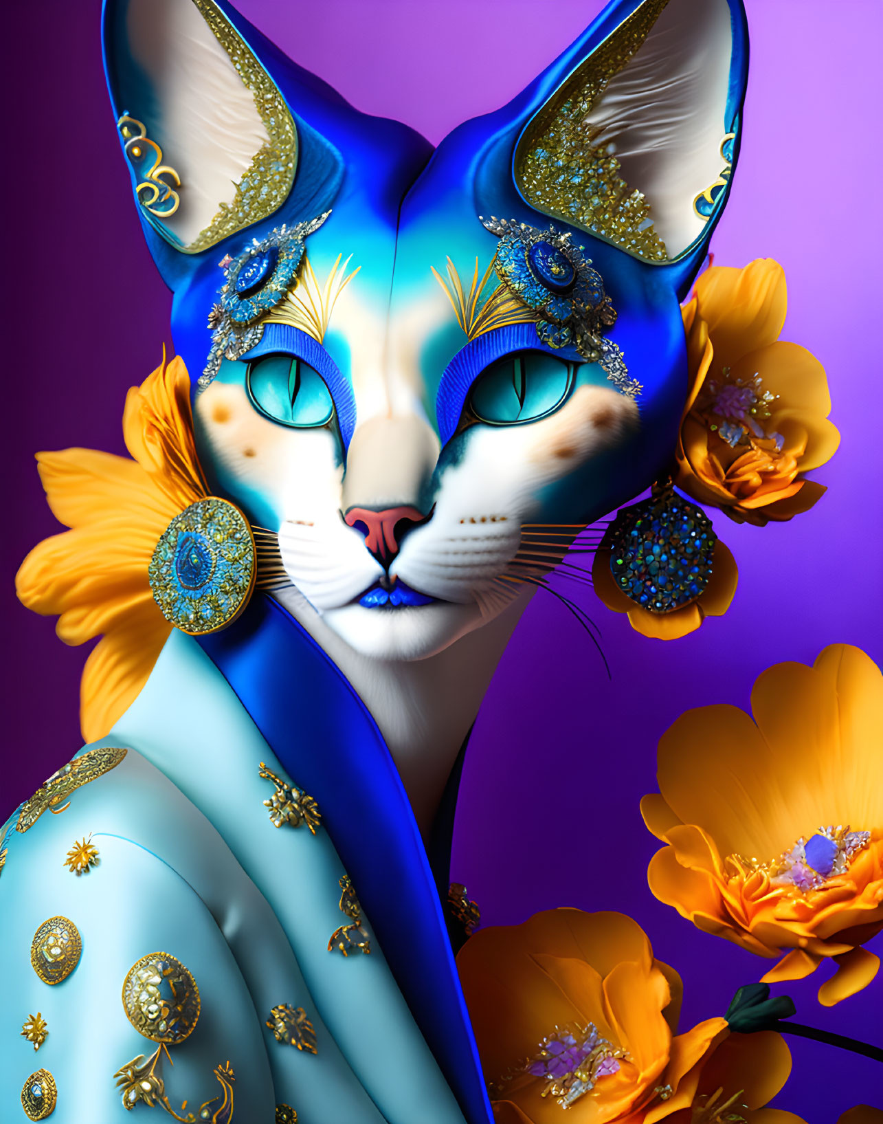 Stylized anthropomorphic cat with blue fur and gold embellishments