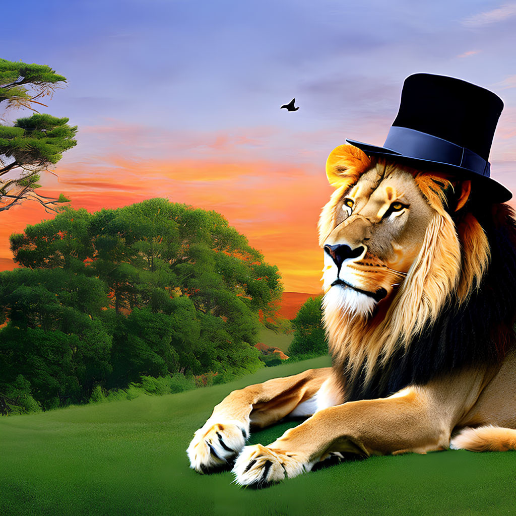 Majestic lion in top hat rests in field at sunset