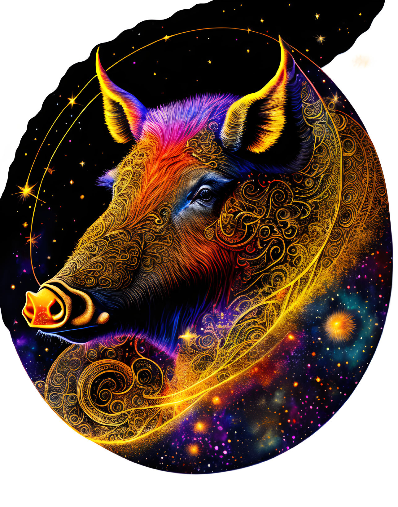 Colorful cosmic boar illustration with ornate patterns and star-filled backdrop.