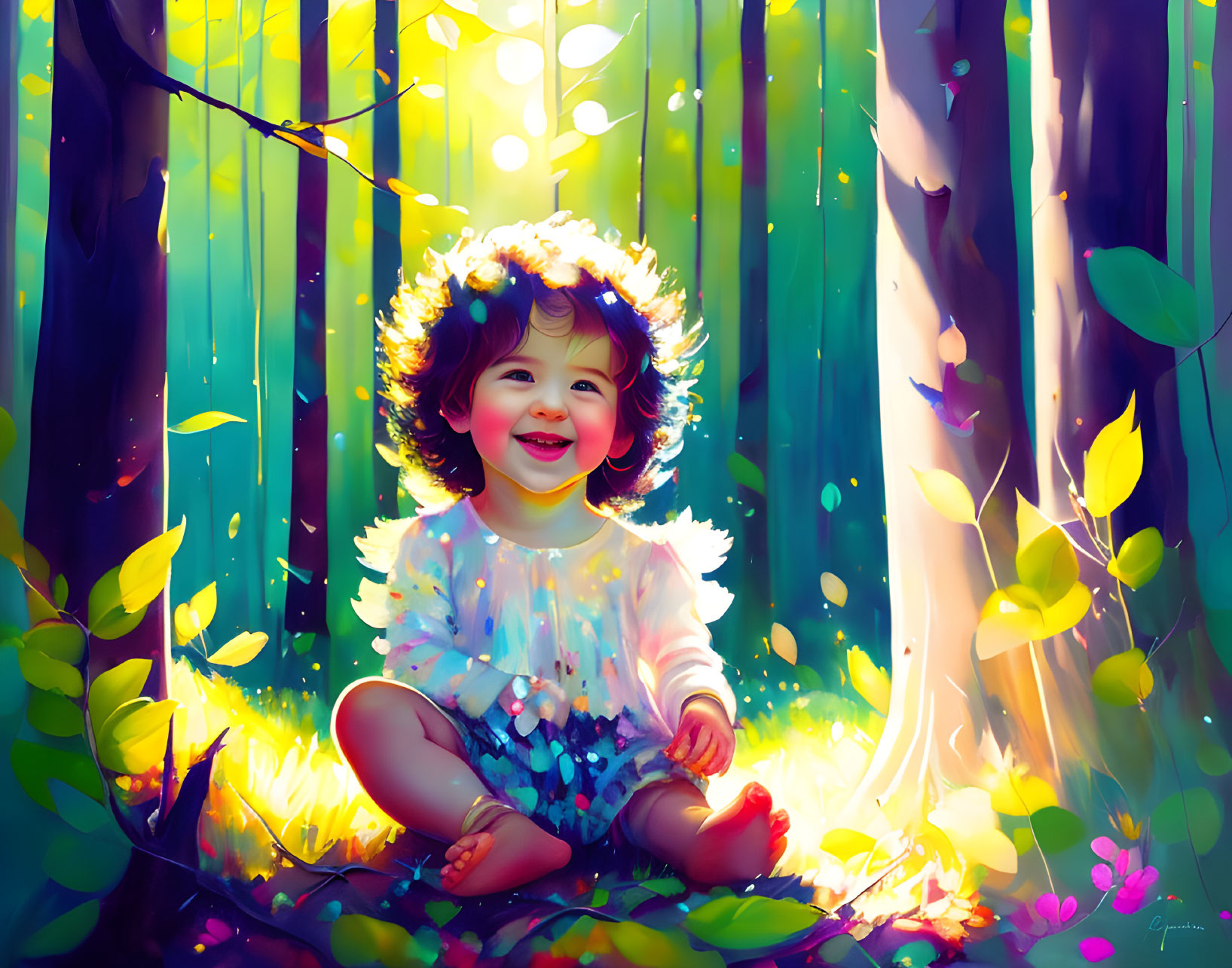 Joyful toddler in vibrant forest with swirling leaves