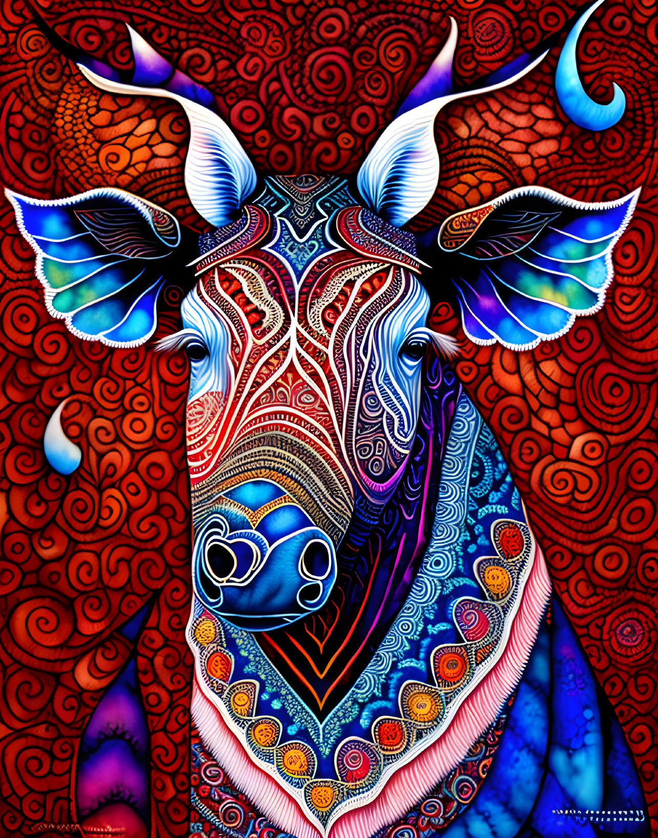 Colorful stylized bull artwork with intricate patterns on red background