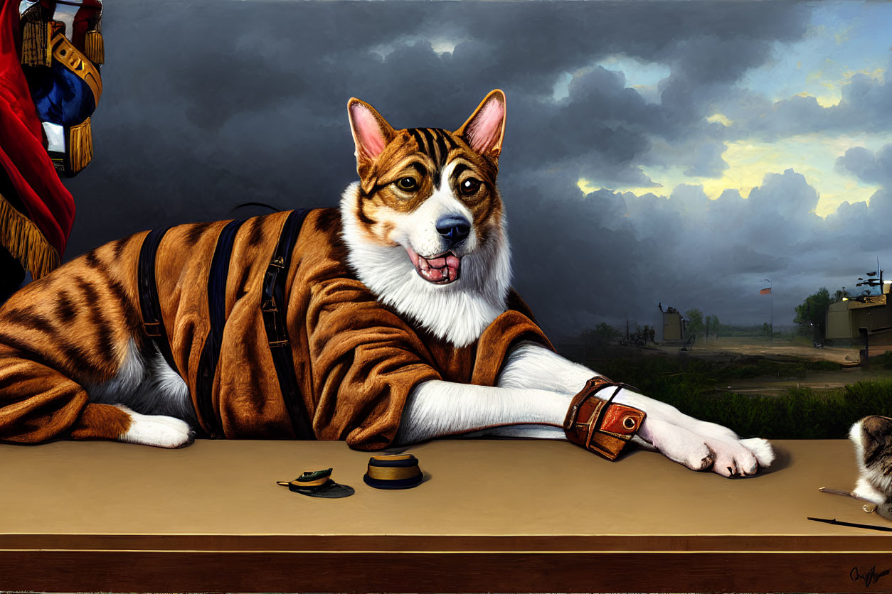 Dog with Tiger Stripes Dressed as Military Figure with Kitten on Table, Stormy Sky Background