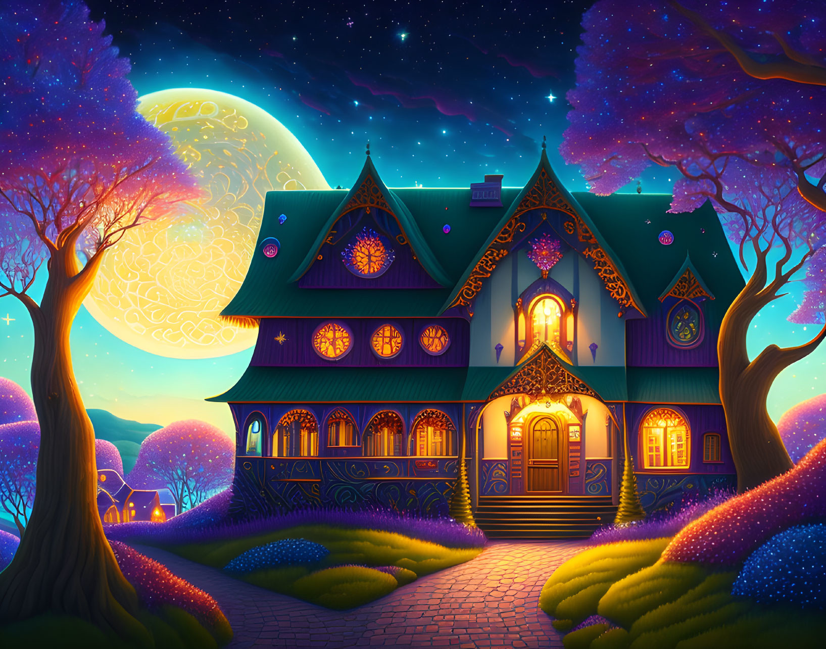 Vibrant enchanted cottage at night with magical trees and full moon