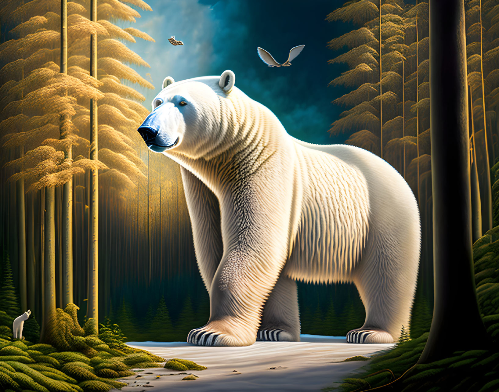 Polar bear in golden forest with birds and mystical light