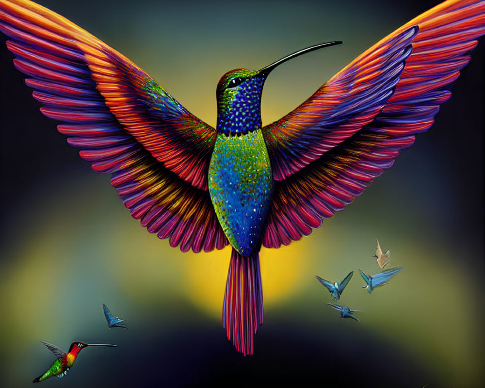 Colorful Hummingbird Artwork with Iridescent Feathers and Birds on Dark Background