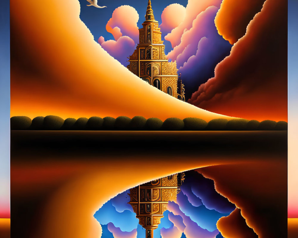 Surreal painting of ornate tower, water reflection, orange clouds, and bird