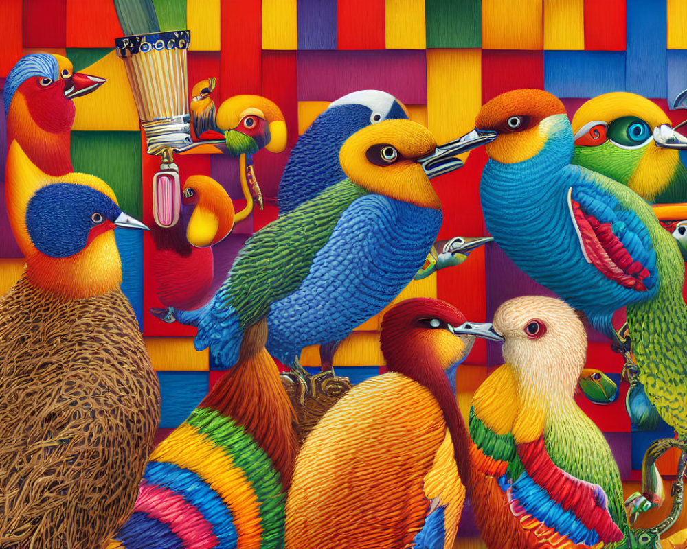 Vibrant whimsical bird illustrations in colorful settings