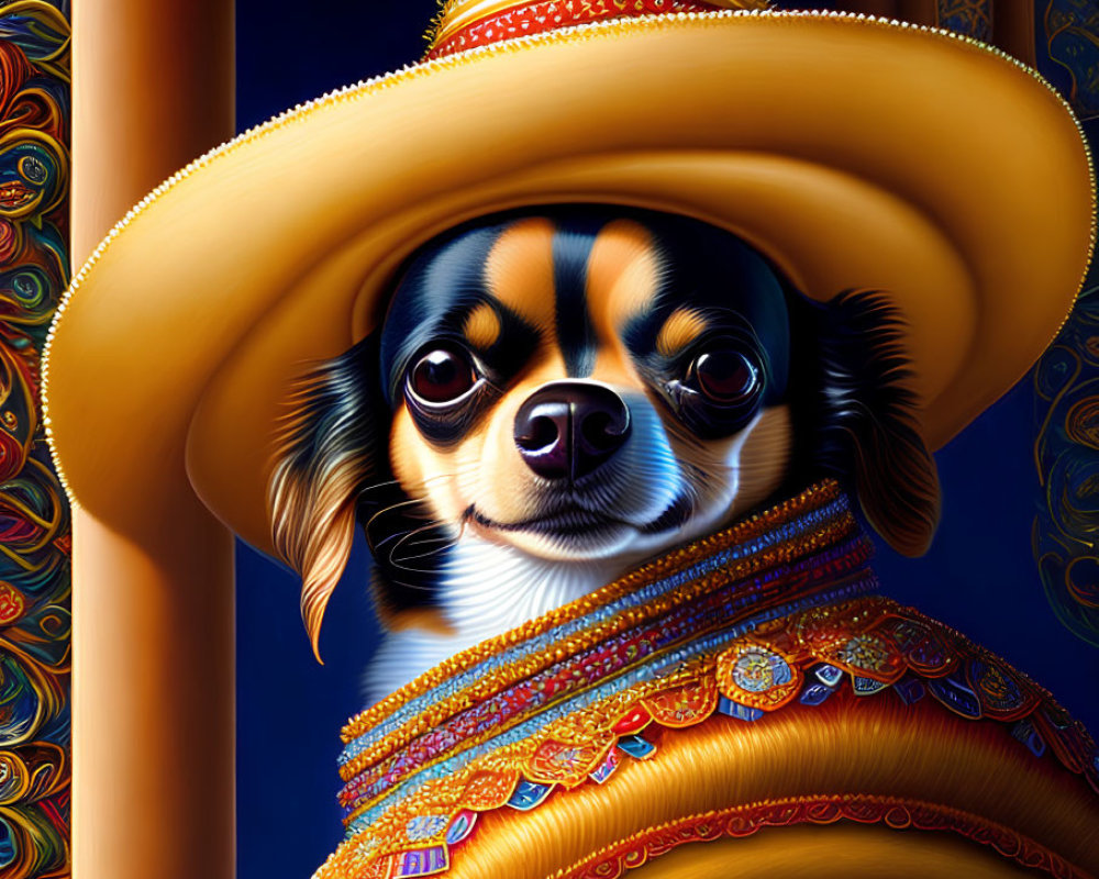 Colorful Digital Art: Chihuahua in Mexican Attire and Sombrero