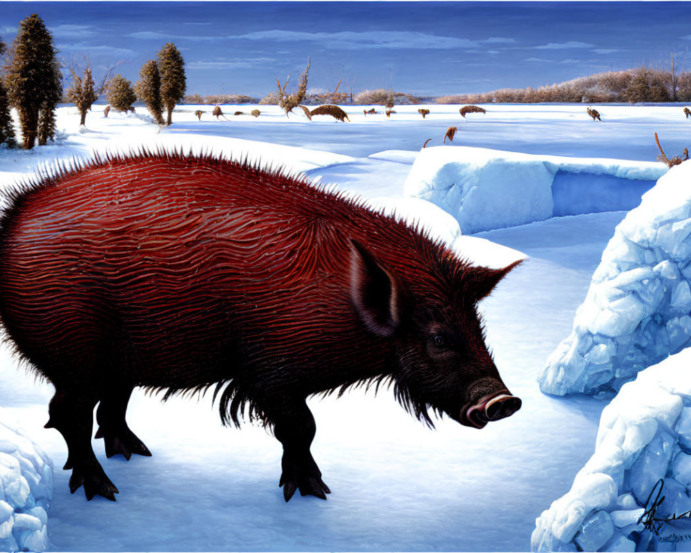 Red Boar in Snowy Landscape with Deer and Ice Blocks