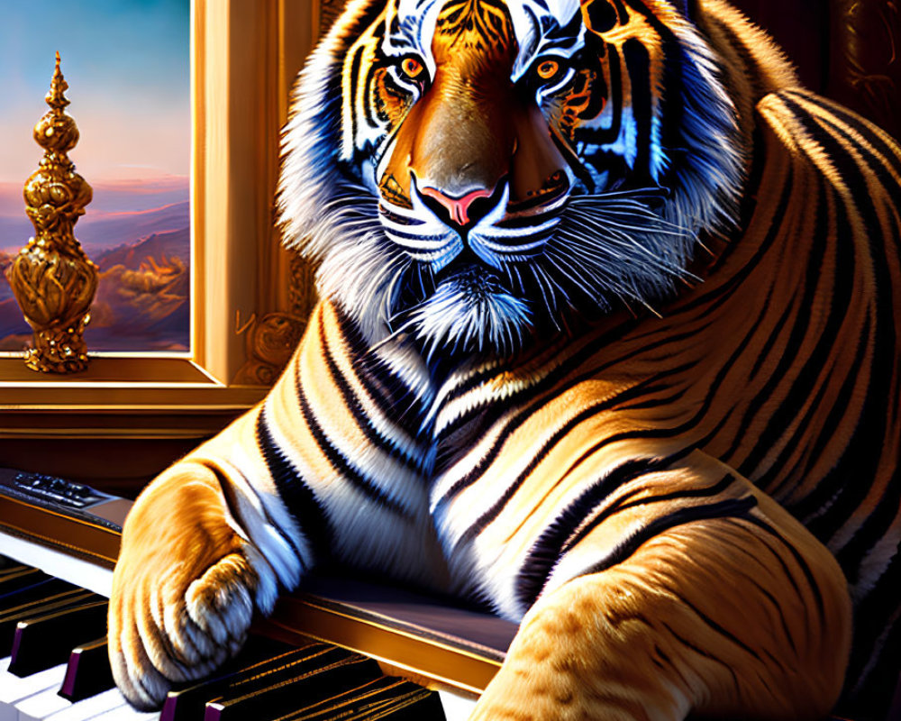 Illustration of tiger playing piano with ornate window and sunset