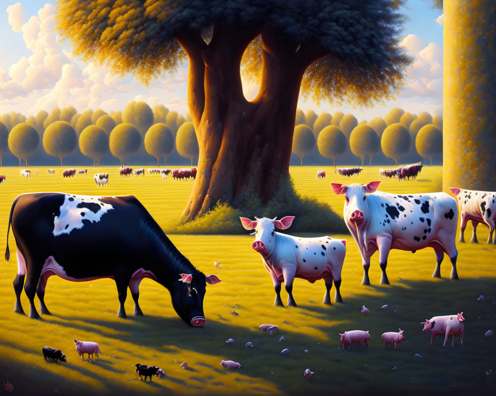 Surreal landscape featuring oversized cows and pigs under a large tree and bright sky