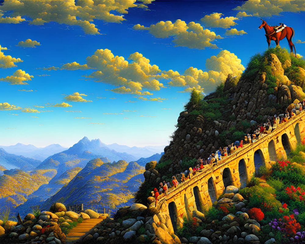 Colorful landscape with person on horse on ancient stone bridge overlooking mountains.