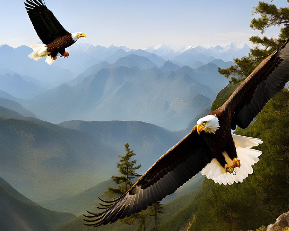 Majestic bald eagles flying over mountain landscape